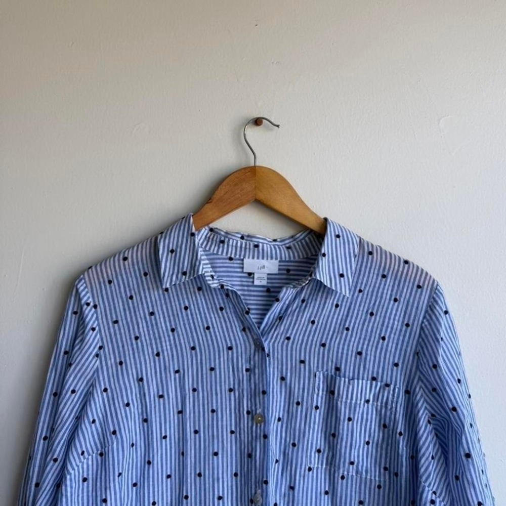Jill blue striped cotton button up shirt with polka dots. - Picture 3 of 7